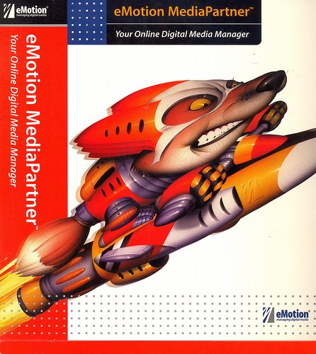 Computer software packaging with fox on rocket